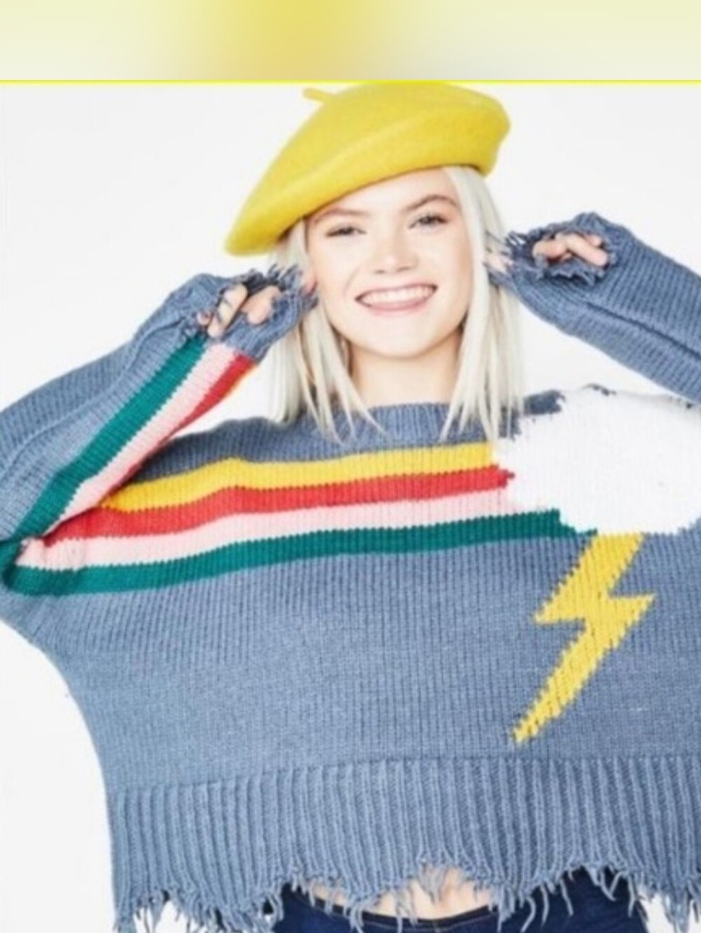 Wildfox Rainbow Storm In Vision Blue Knit Sweater Destucted Bohobocentric